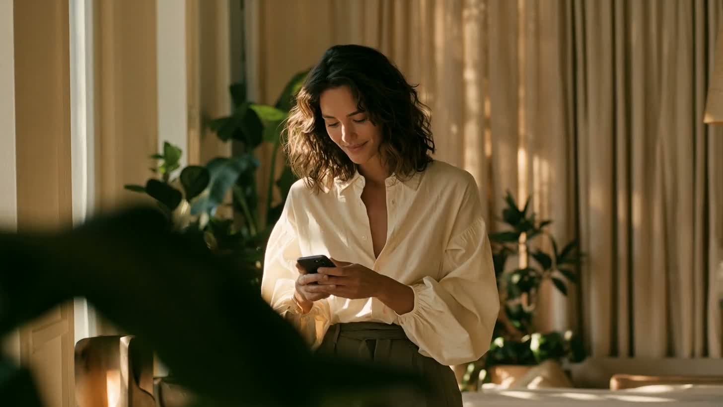 Business owner using a phone in warm daylight
